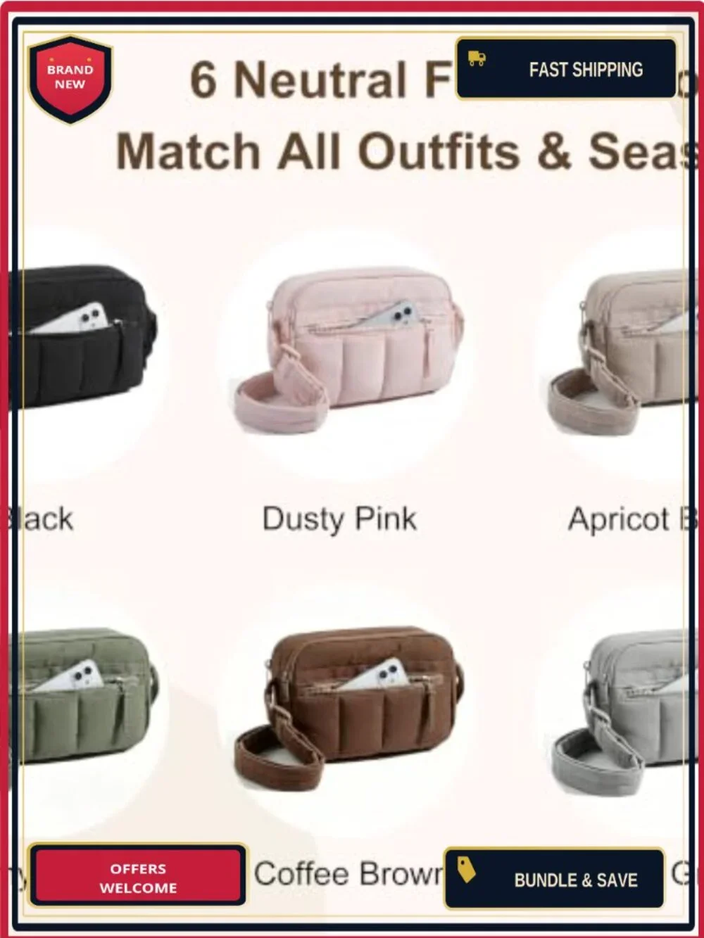 Puffer Crossbody Bag with Double Zip, Nylon, Padded Strap, Travel Gym